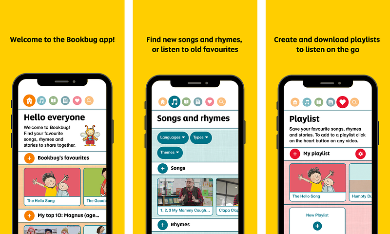 Three images: on the first, text that reads 'Welcome to the Bookbug app!' above image of the app homepage. On the second, text reads 'Find new songs and rhymes, or listen to old favourites' above image of the song and rhyme section. On the third, text reads 'Create and download playlists to listen on the go' above image of playlists section of the app.